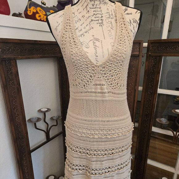 Oatmeal Boho Crochet Maxi Dress, Sz M/L - Picture 1 of 12